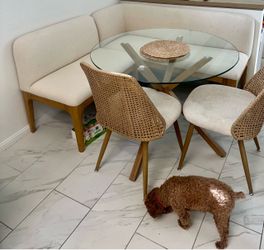 Coastal Chic Dining Nook Set  with Glass Table, Banquette & Woven Chairs