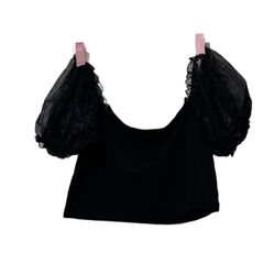 Current Mood Black Crop Top Sz S Puffed Crepe Short Sleeve Lace Trim NWOT