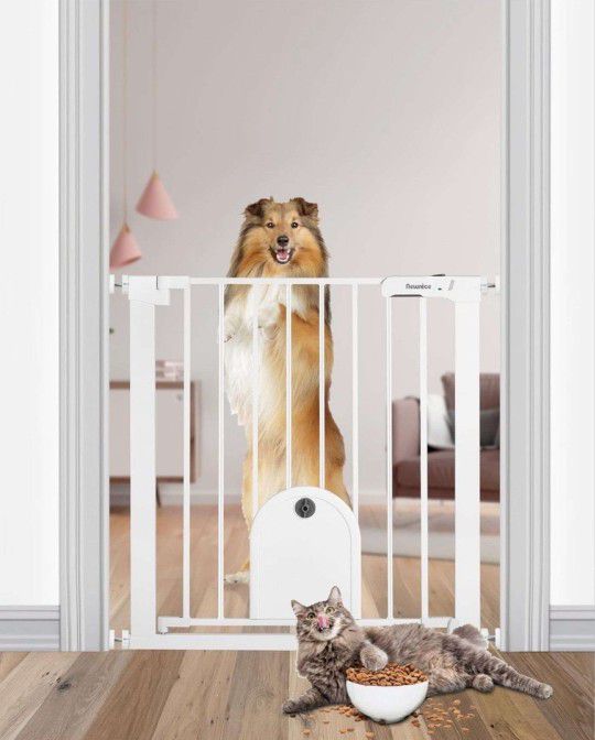 Newnice 26.7-29.5'' Narrow Baby Gate with Cat Door, Auto Close & Easy Walk Thru Dog Pet Gates for Stairs, Doorway, House, Pressure Mounted Safety Chil
