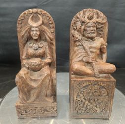 Vtg Seated Forest Horned God & Lunar Goddess W 13 Moons Wicca-Celtic-Statues