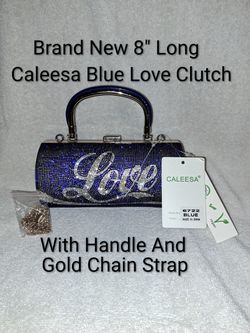 Brand New With Tags Caleesa Blue Love Studded Bling Clutch With Gold Chain Strap