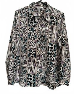 Alfred Dunner Women's Button Down Blouse Size 14 Animal Print Retro Indie Work