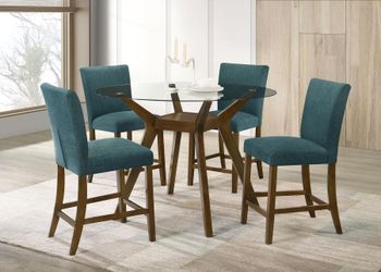 5 Piece Teal Blue Round Glass Dining Table Chair Set Counter Height Comedor Mesa Sillas Kitchen Venta 
