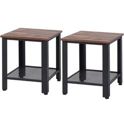 2-tier Side Table, Set of 2 End Table w/Storage Shelf and Metal Frame, Small Coffee Table w/Adjustable Feet, Rustic Sofa Side Table Nightstand for Sma