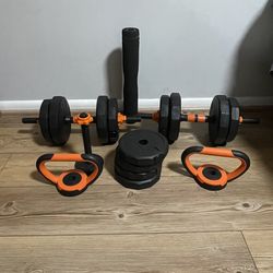 : “Mancuernas ajustables 5 en 1 40 lb – como nuevas, completas”