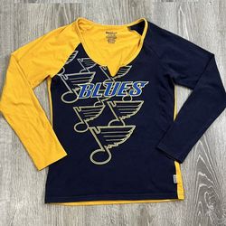 Reebok Small St. Louis Blues Hockey Team NHL Blue and Yellow Cotton Long Sleeve Top Sports 