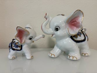 Porcelain Elephant Figurines Set of Two