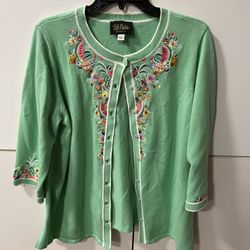Ladies Large L Bob Mackie Green Fruit Embroidered Spring 3/4 Sleeve Sweater Easter!