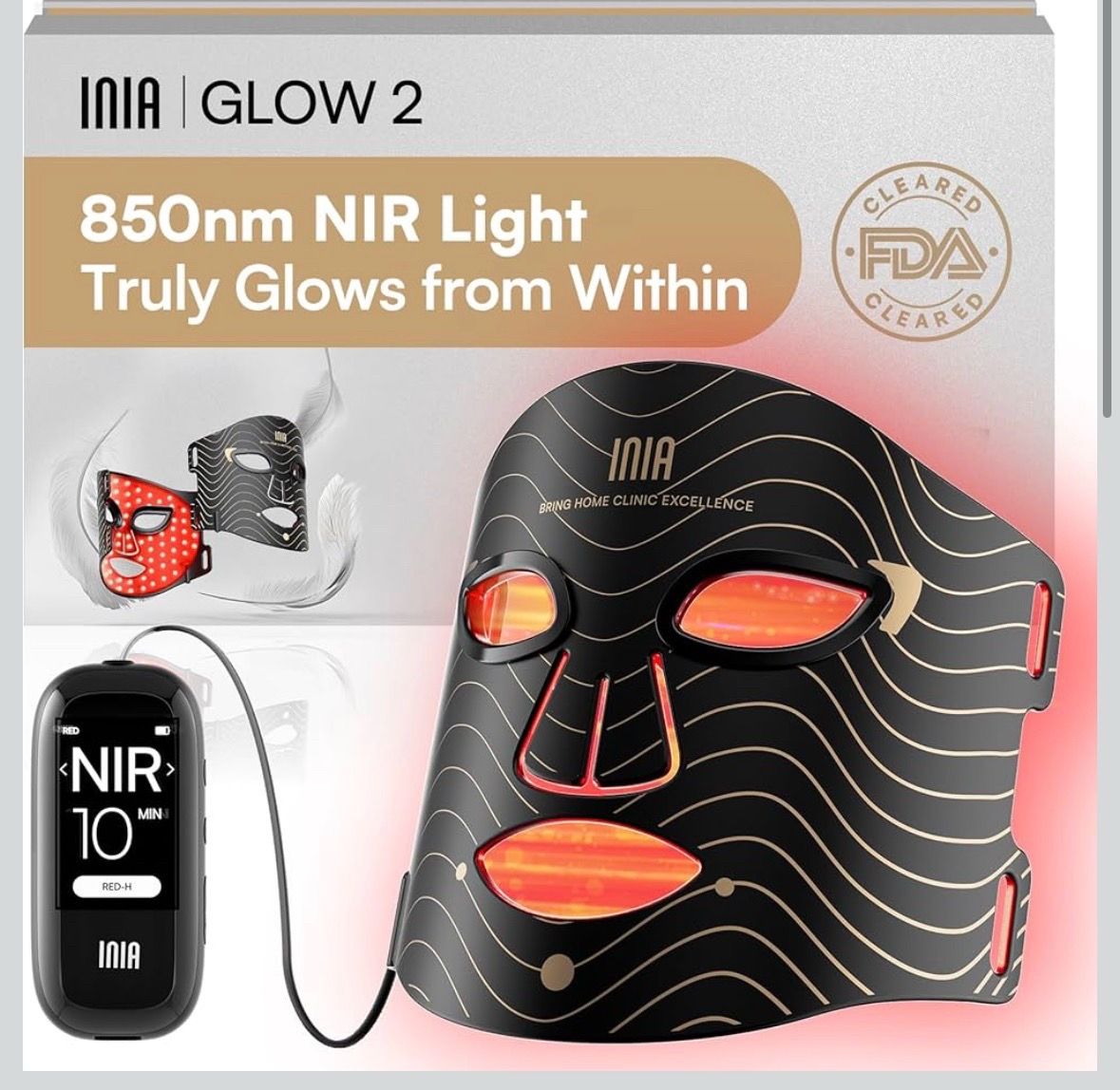 INIA Red Light Therapy Mask for Face – 4 Light Modes with 850nm NIR, Red & Blue LED Light Therapy