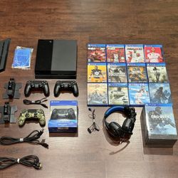 Sony PlayStation 4 (PS4 Original Fat) Complete Bundle – 4 Controllers, 13 Games, Dual Charging Docks, Headset & More!