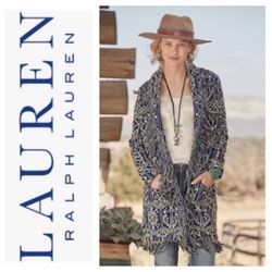 Lauren Ralph Lauren Jacquard Boho Aztec Fringe Sweater Belted Cardigan
