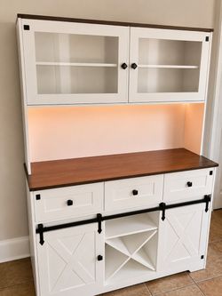 Farmhouse Coffee Bar / Wine Bar Cabinet with Hutch & LED Lights