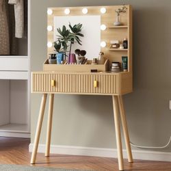 31.5” fluted 2 drawer storage makeup vanity desk with light bulb mirror