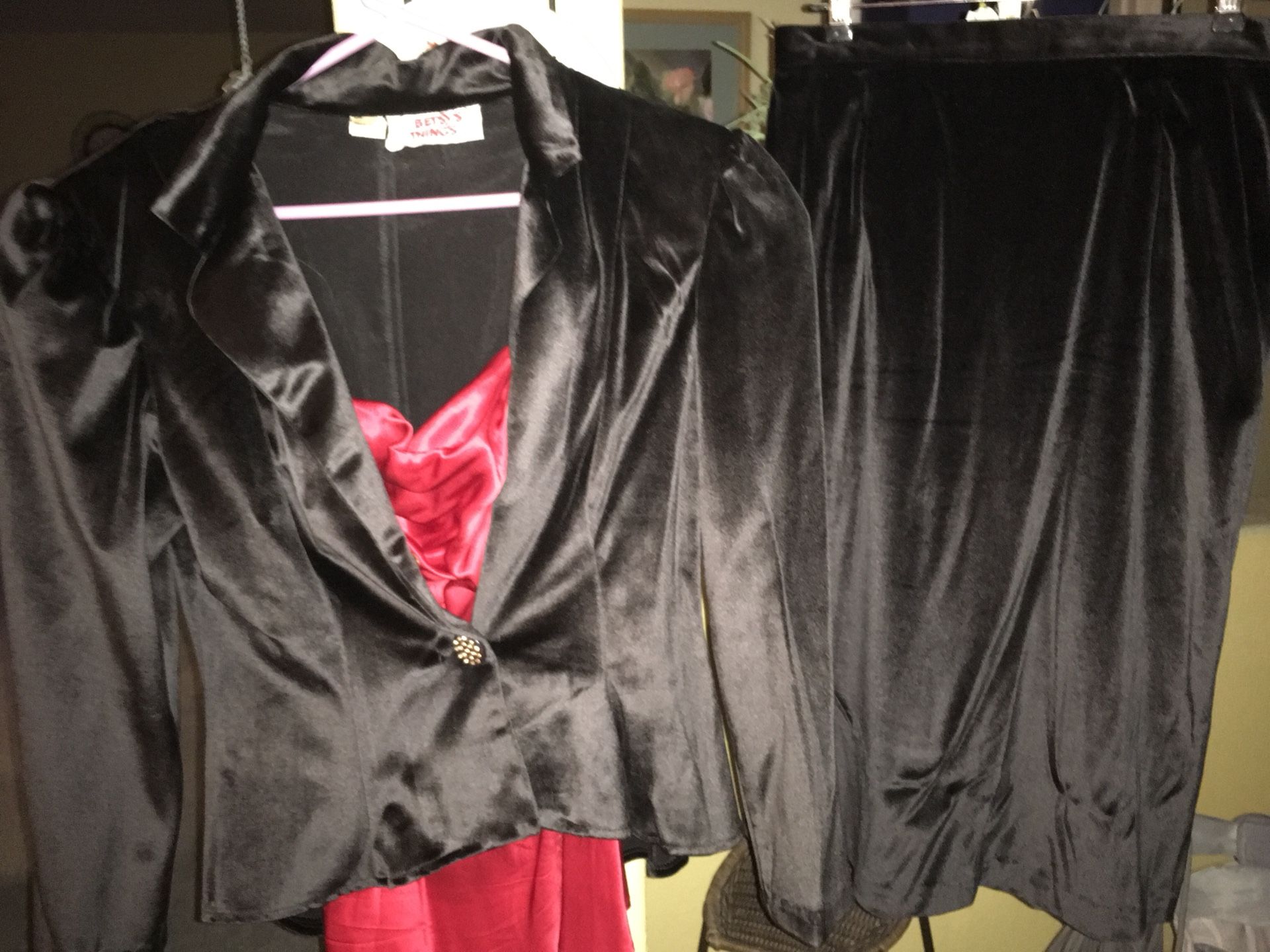 Black velvet jacket and skirt with red Silk Camisole Size 13