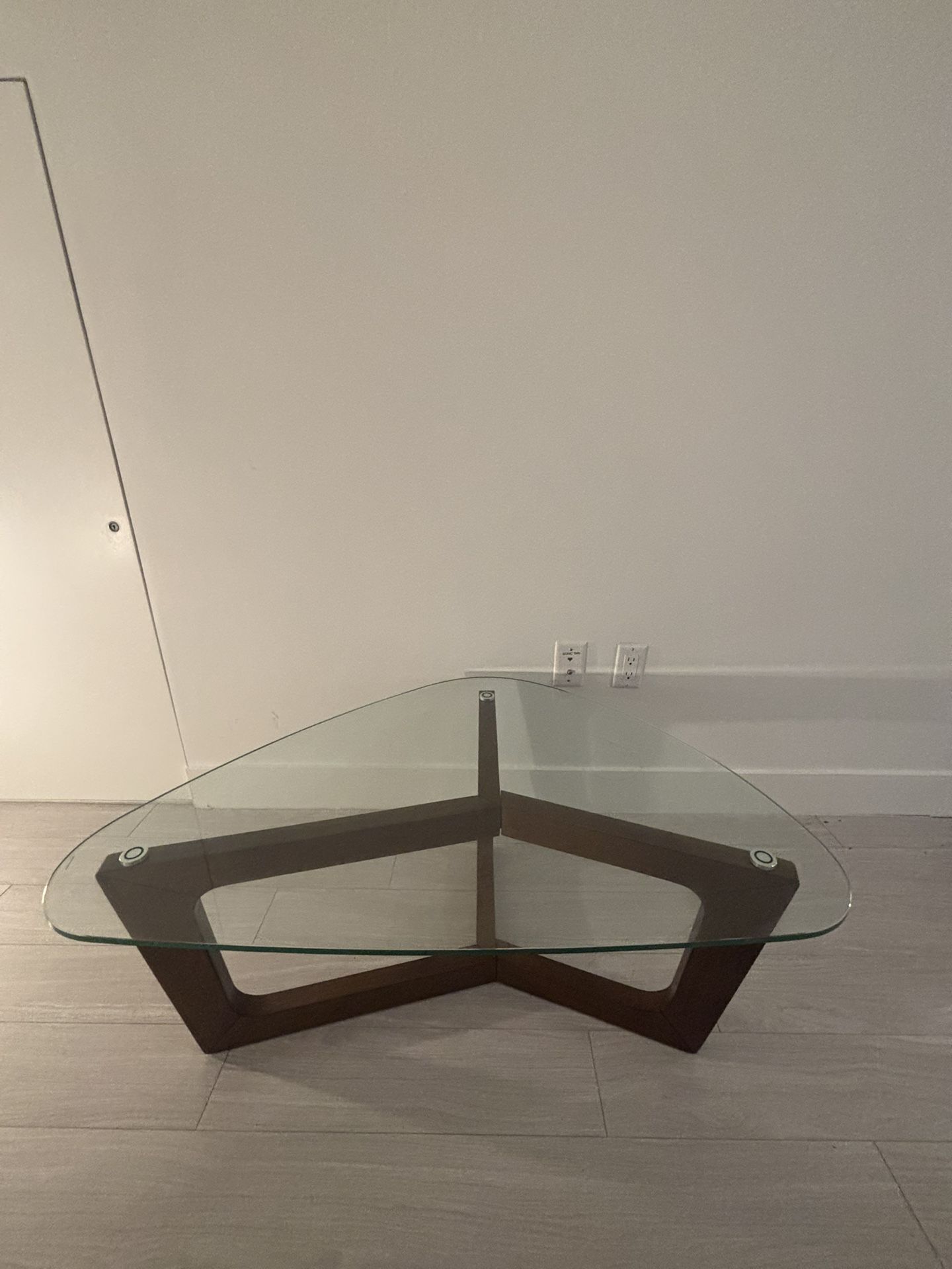 Walker Triangular Glass Top Wood Frame Coffee Table
