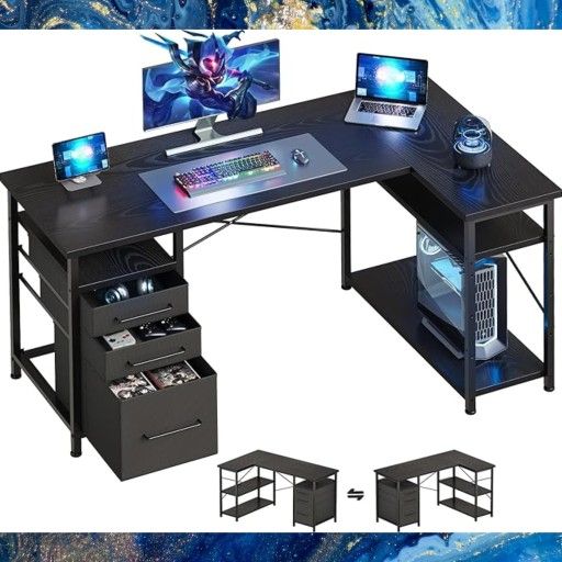 Black L-Shaped Desk With Shelves And Fabric Drawers. New, In Box 