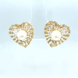 14Kt Yellow Gold Filigree Heart Pearl Earrings 21982242