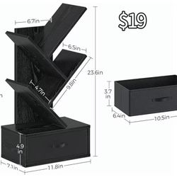 πBookshelf with Drawer, 4 Shelf Tree Bookshelf, Wooden Bookshelves Storage Rack for CDs/Movies/Books, Black Bookcase, Utility Organizer Shelves