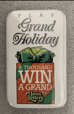 Vintage Iowa Lottery “Play Grand Holiday” Promo pin-back 3”x2” Rectangle Button