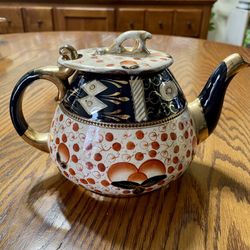 Antique Tea Pot Black Orange White Gold