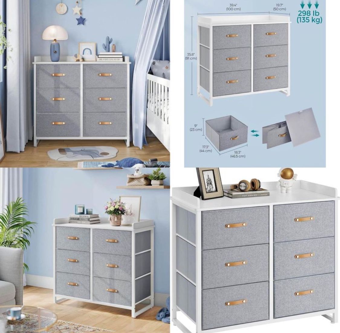 Dresser for Bedroom with 6 Drawers, Chest of Drawers, with Water-Resistant Changing Table, Storage Organizer Cabinet, for Kids Room