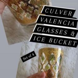 Vintage 24k Gold Culver Valencia Tall Glasses(set of 4) & Ice Bucket