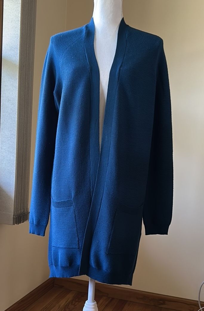 CYRUS Women's Open Front Long Cardigan Sweater with Pockets; Size L; Deep Teal