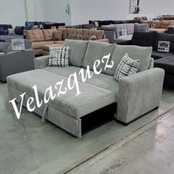✅️✅️grey corduroy fabric sofa futon pull out sleep area pop up chaise✅️