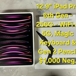 New 12.9 IPad Pro. 256Gig - Gen 6 Wi-Fi & 5G Cell