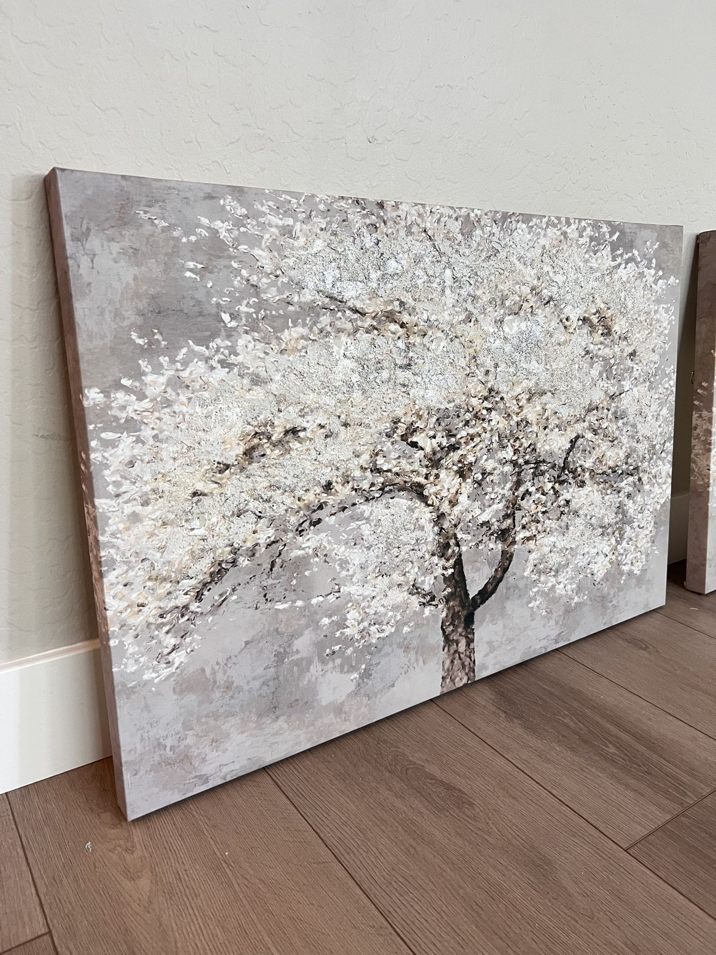 TWO 36x24 Large Grey/Silver/White Textured Tree Canvas Artwork Wall Art