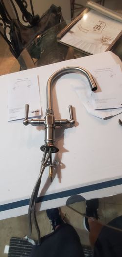 Kohler 7342-4-BS hirise stainless 2 handle bar sink faucet.