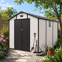 8x10 FT Plastic Outdoor Storage Shed - Lockable Resin Tool Shed with Window & Floor, beige