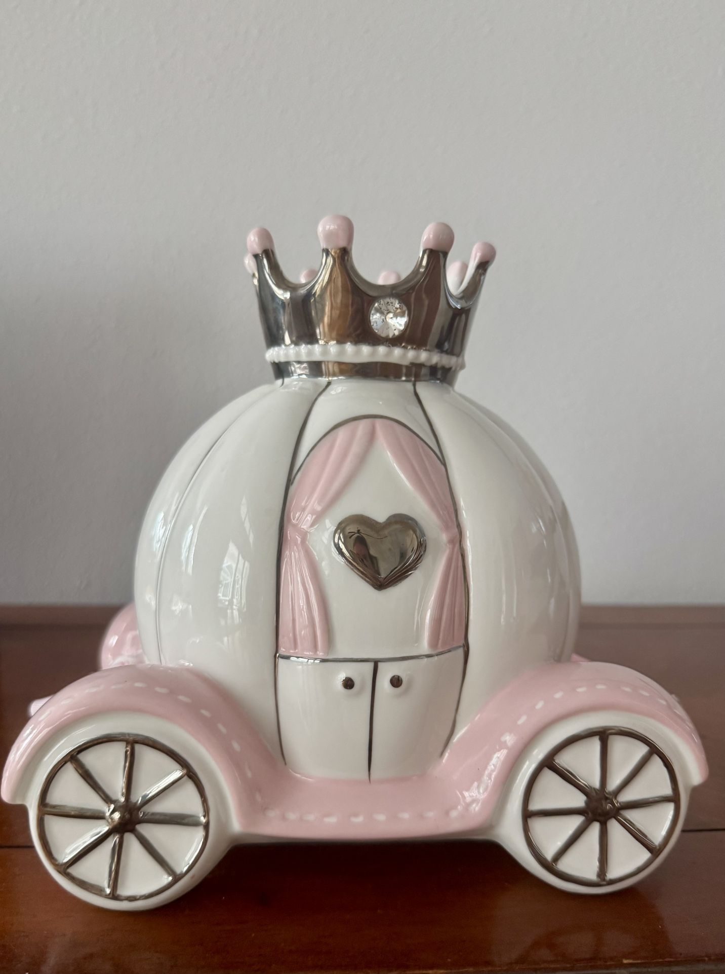 Baby Aspen Ceramic Porcelain Princess Carriage Piggy Bank, for A Baby Shower or Baby Girl Room Decor, Pink/Silver/White In excellent condition