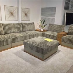 Brand New Lifestyle 8pc Cord Green Modular Sectional w Power tray, Power Console and Ottoman Set!