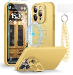 pcgaga Designed for iPhone 15 Pro Max Case with Camera Stand, Compatible with MagSafe and Screen Protector, Phone Strap Liquid Silicone Shockproof Ful