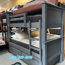 Triple Grey Bunk Bed With Mattresses Trundle New Colchones 