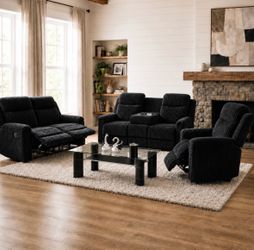 New three-piece reclining, plush sofa, loveseat, and recliner with free delivery in DFW on arrival