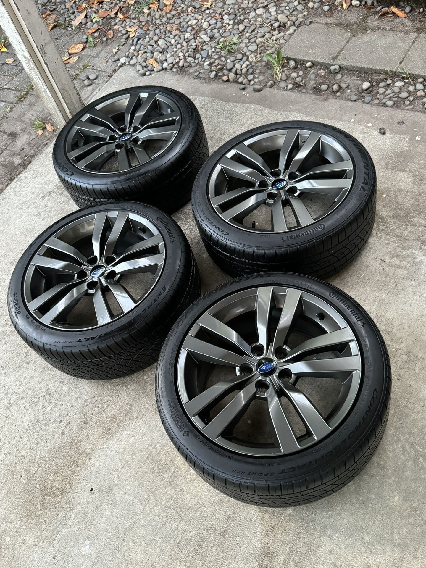 Set of 245/40R18 Continental Contact Tires on Subaru WRX Rims