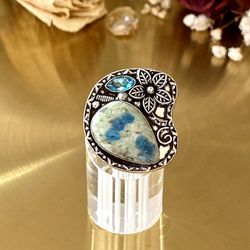 K2 Azurite And Blue Topaz 925 Sterling Silver Overlay Flower Ring Size 7.75