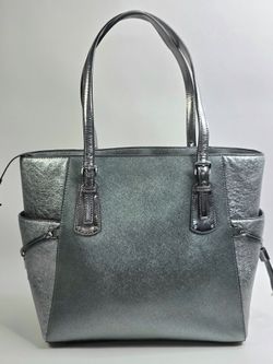 Michael Kors Voyager Metallic East West Large Pewter Silver Shimmer Leather Tote