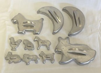 Aluminum Cookie Cutters (10) featuring various animal shapes, 1960’