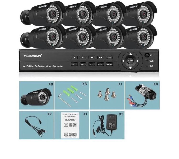 Floureon Security System: cameras and DVR and cables and mouse