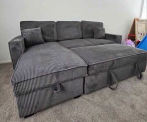 NEW sectional sofa sleeper with pull-out bed storage grey corduroy