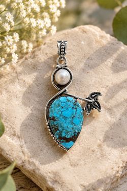 Teardrop Turquoise & Pearl Gemstone 2.5” Pendant