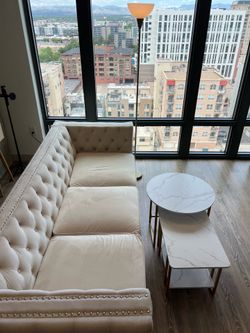 Moving Sale! Velvet 3seater sofa coffee table and stand lamp