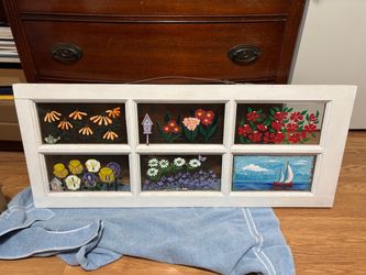 6 pane wooden window with hand painted scenes