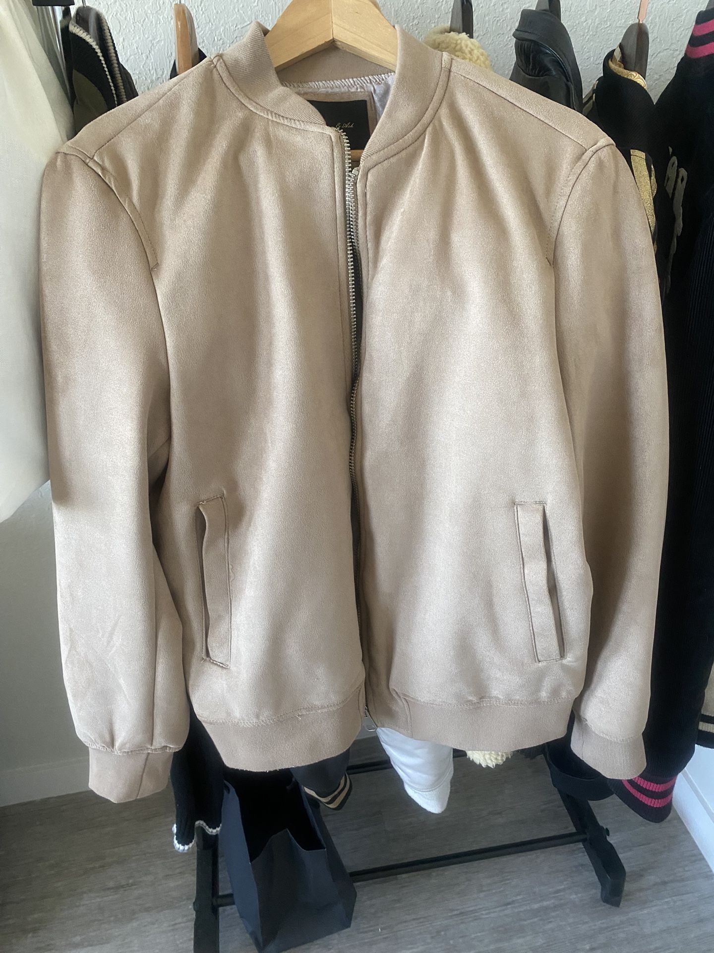 Mens Tan Faux Suede Bomber Jacket Size m 