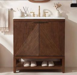 QD0008 30 Inch Bathroom Vanity with Sink, Farmhouse Fluted Design Door & Open Shelf, Freestanding Bath Storage Cabinet, Solid