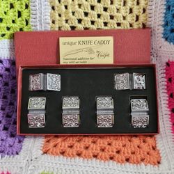 Vintage VTG Carvel Hall Silvertone Metal Knife Caddy-Placecard Holder Set of 6 (Two sets)
