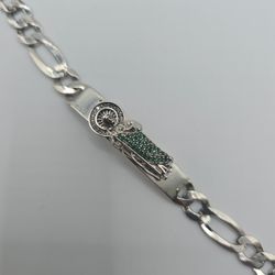 925 Sterling Silver Santa Muerte Bracelet Green Stones 20.6g Italy